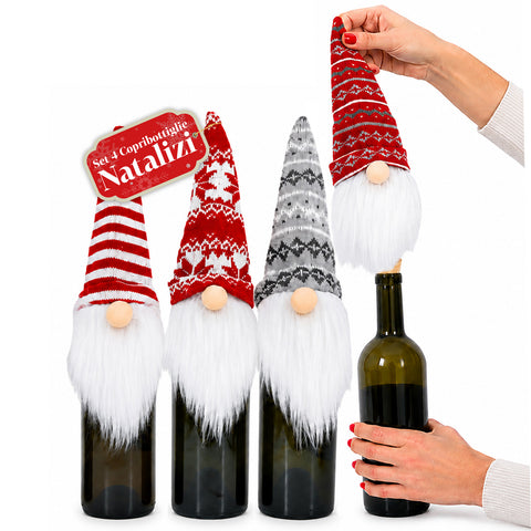 Weihnachtliche Flaschenüberzüge, Wichtel, 4-teiliges Set mit Wollmütze