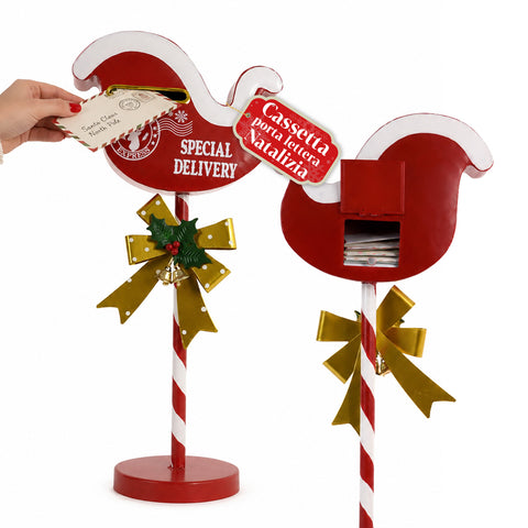 FlyPost Weihnachtsbriefkasten aus Metall in Schlittenform, Maße 23x14x50 cm, großes Fassungsvermögen, goldene Schleife, Standfuß