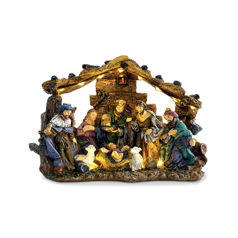 HolyGlow Weihnachtskrippe aus Polyresin mit LED-Lichtern und EIN/AUS-Schalter, rustikale Hütte und stabile Basis, 23x11,5x17 cm