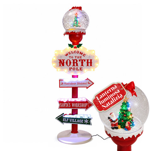 Weihnachtliche Laterne mit LED-Lichtern, Schneeeffekt und „Nordpol“-Schild