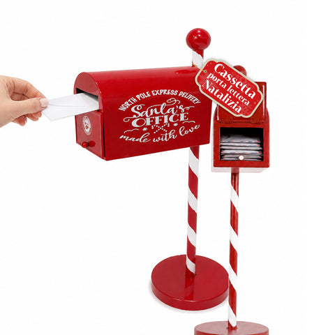 NorthPost Roter Weihnachtsbriefkasten aus Metall als Standmodell, gestreifter Pfosten, zu öffnende Klappe zum Sammeln von Weihnachtsbriefen