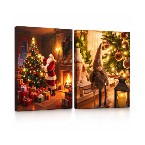 Weihnachtliche Bilder mit LED-Lichtern im 2er-Set, 30x40 cm: Weihnachtsmann, Rentiere, Wichtel und Bäume, die leuchten, batteriebetrieben mit Schalter