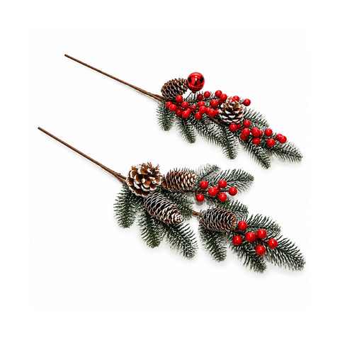 Beschneiter Tannenzweig mit Zapfen und roten Beeren, 60 cm, sortiert