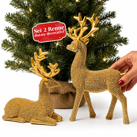 Goldene Weihnachts-Rennfiguren, 2-teiliges Set aus Harz, liegend und aufrecht