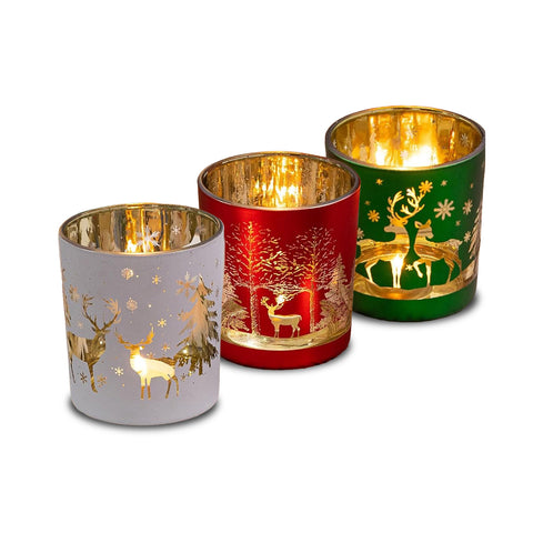 Set mit 3 dekorativen Weihnachtskerzenhaltern aus Glas in limitierter Auflage