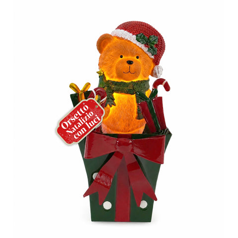 Teddy BearGift, leuchtender Weihnachtsteddybär in einer Geschenkbox, warmweißes LED-Licht, Maße 15x15x25,5 cm, batteriebetrieben