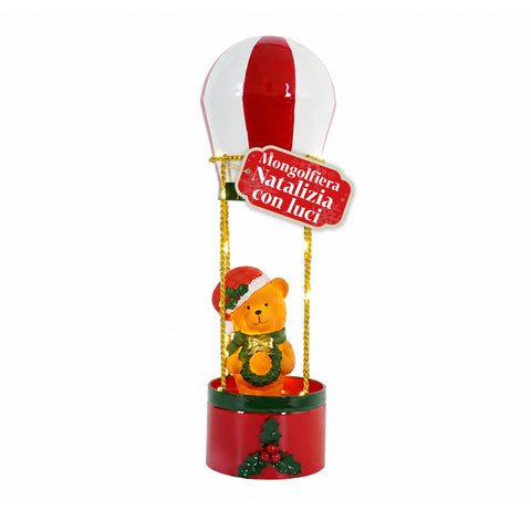 Teddy SkyFloat - Leuchtender Weihnachts-Heißluftballon aus Metall mit Teddybär, LED-Leuchten und goldenen Schnüren, batteriebetrieben, 37 cm hoch, mit Girlande und Stechpalme