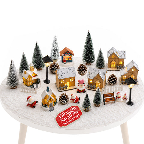 Weihnachtsdorf, 30-teilig, aus Harz mit beleuchteten Häuschen und Schnee