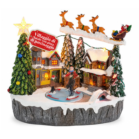 Beleuchtetes Weihnachtsdorf Snowtime mit animierter Eislaufbahn, LED-Lichtern und Musik, Schlitten des Weihnachtsmanns, Polyresin, 21,5x15,8x22,5 cm