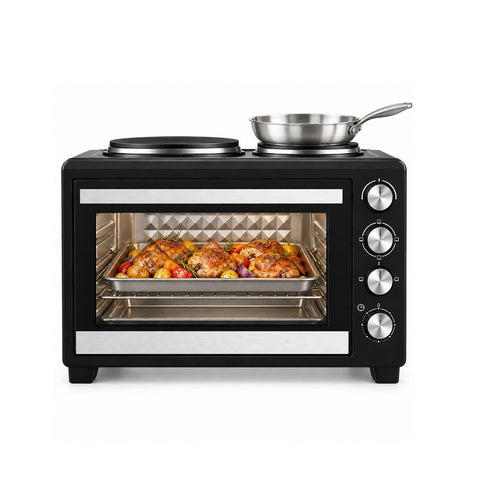 Elektrischer 40-L-Backofen mit zwei elektrischen Heizplatten, Grill, 5 Gararten, 120-Minuten-Timer, 100-250 °C und doppelt verglaster Tür