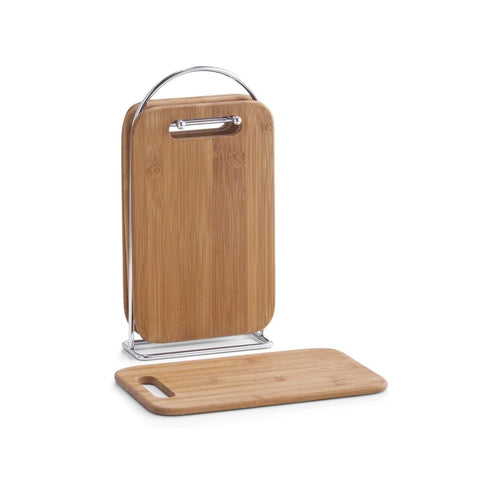 Set mit 4 Holzschneidebrettern mit Metall-Organizer