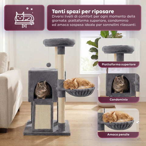 puppy lovers albero tiragraffi per gatti multilivello h 87 cm in sisal con amaca piattaforme e gioco a pallina 45x40 cm ean 8054806950481