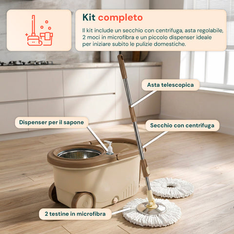 avilia home kit mocio rotante 360 con secchio 14l 46x27x22cm e centrifuga in acciaio include 2 testine in microfibra dosatore sapone e asta telescopica set lavapavimenti universale con ruote e scarico ean 8052879013140