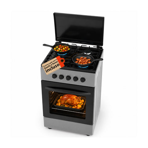 Cucina a Gas 50x50 cm con Forno a Gas 49 Litri, 4 Fuochi di Diversa Potenza, Valvole di Sicurezza e Coperchio