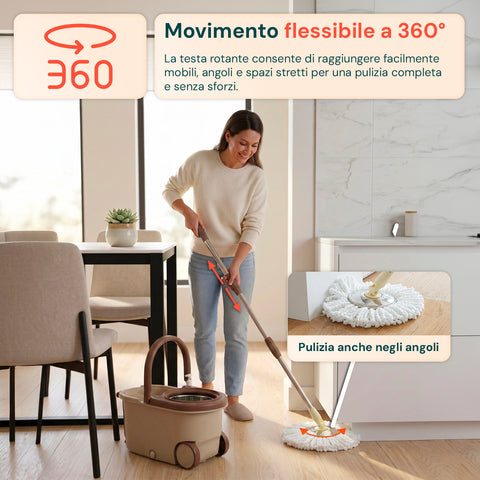 avilia home kit mocio rotante 360 con secchio 14l 46x27x22cm e centrifuga in acciaio include 2 testine in microfibra dosatore sapone e asta telescopica set lavapavimenti universale con ruote e scarico ean 8052879013140