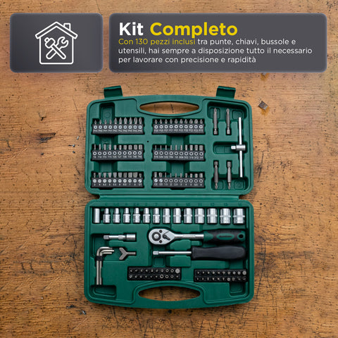 daimann set attrezzi da lavoro 130 pezzi in acciaio cromo vanadio con cricchetto inserti e bussole ean 8056590070413