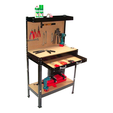 Werkbank 2 Ablagen und 1 Schublade aus Stahl mit Rückwand 12 Haken aus MDF 90x48x140cm