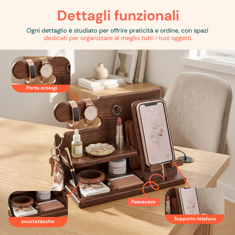 avilia home organizer da scrivania in legno con supporto smartphone e porta orologi compreso di alloggiamento per il cavo ricarica 255x15x185 cm ean 8052879011412