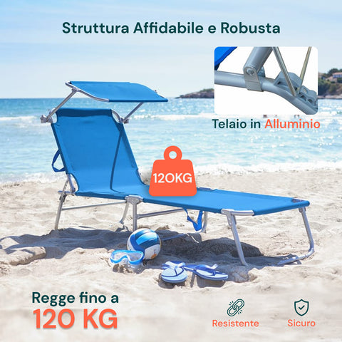 Lettino Da Mare Pieghevole Con Parasole In Alluminio - Blu