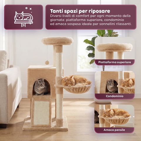 puppy lovers albero tiragraffi per gatti multilivello h 87 cm in sisal con amaca piattaforme e gioco a pallina 45x40 cm ean 8054806950481