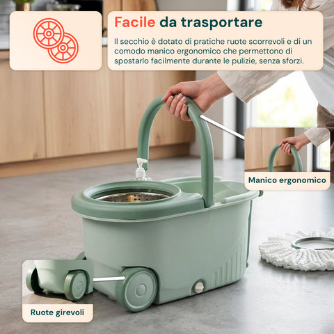 avilia home kit mocio rotante 360 con secchio 14l 46x27x22cm e centrifuga in acciaio include 2 testine in microfibra dosatore sapone e asta telescopica set lavapavimenti universale con ruote e scarico ean 8052879013140