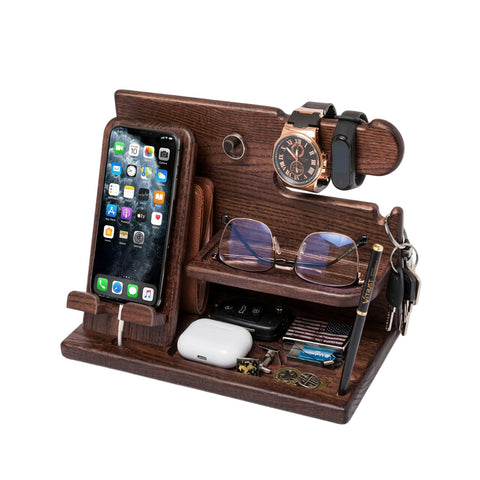 Organizer da Scrivania in Legno con Supporto Smartphone e Porta Orologi – Compreso di Alloggiamento per il Cavo Ricarica – 25,5x15x18,5 cm