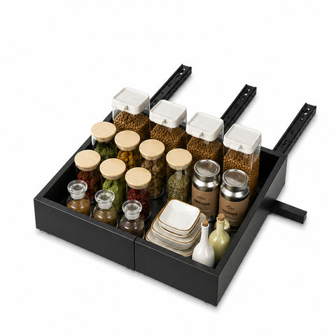 Ausziehbarer und erweiterbarer Regalboden, schwarz, 32/52 cm aus Metall – ausziehbarer Organizer für Möbel und Speisekammer