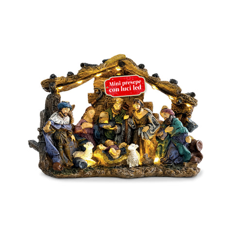HolyGlow Weihnachtskrippe aus Polyresin mit LED-Lichtern und EIN/AUS-Schalter, rustikale Hütte und stabile Basis, 23x11,5x17 cm