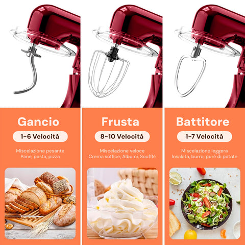 Avilia Impastatrice Planetaria 1500W Ciotola Inox 5L 10 Velocità con Ricettario, Accessori e Funzione Pulse Rossa Ean-8056819047578