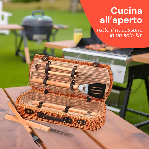 Cesto Set Bbq Portatile Con 5 Accessori In Valigetta Vimini