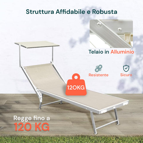 Strandliege klappbar mit Sonnenschutz aus Aluminium 183x61x38cm Beige
