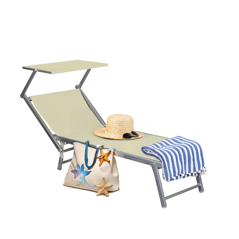 Lettino Da Mare Pieghevole Con Parasole In Alluminio 183x61x38cm Beige