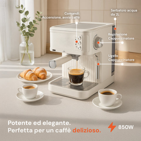 Potente ed elegante per caffè delizioso: serbatoio da 2L, regolazione cappuccinatore e ugello professionale 850W