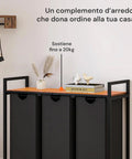 Avilia Mobile Portabiancheria  Struttura in Acciaio con 3 Cestini Estraibili e Ripiano in MDF Salvaspazio Multiuso 114L Ean 8056819050721