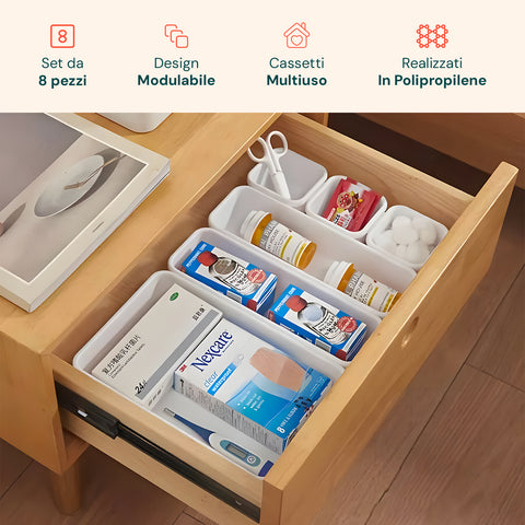 Set organizer 8 pezzi con design modulare per cassetti multiuso, realizzato in polipropilene resistente disponibile in 3 colori