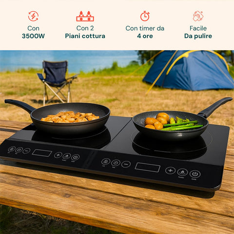 Piastra doppia a induzione Wintem 3500W con 2 piani cottura, timer da 4 ore, facile da pulire, perfetta per campeggio e uso esterno