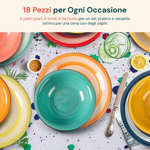 Servizio piatti 18 pezzi in composizione artistica colorata: 6 piatti piani, 6 fondi, 6 frutta per ogni occasione versatile