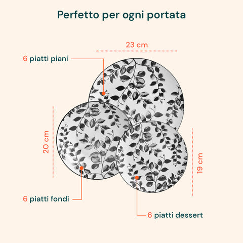 Servizio Piatti 18 Pezzi In Porcellana Decoro Botanic Per 6 Posti Tavola