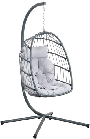 Hängender Rattan-Schaukelstuhl in Grau mit Kissen und 140 kg Tragkraft