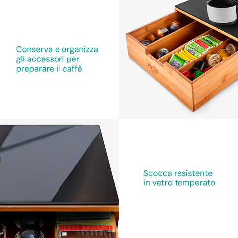 Cassetto Porta Capsule e Cialde in Bambù con ripiano in vetro, compatto con 4 scomparti. Ean 8056819042719