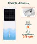Raffrescatore evaporativo portatile efficiente e silenzioso, con serbatoio per l'acqua da 8 litri e autonomia fino a 6-8 ore.