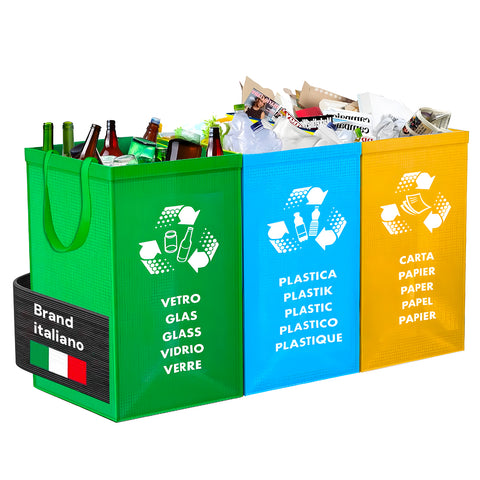 Set Mülltrenntaschen aus abwaschbarem Kunststoff für Glas, Papier und Plastik