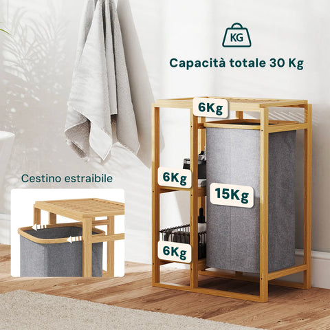 Avilia Scaffale Portabiancheria in Bambù con 2 Ripiani e Cestino in Stoffa Salvaspazio Multiuso Design Naturale Ean 8056819050110