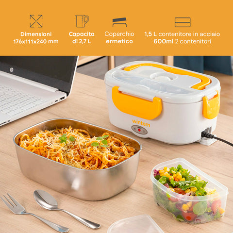 Scaldavivande portatile Lunchy+ 1,5L in uso su scrivania ufficio con laptop, dimensioni 176x111x240mm, perfetto per pausa pranzo