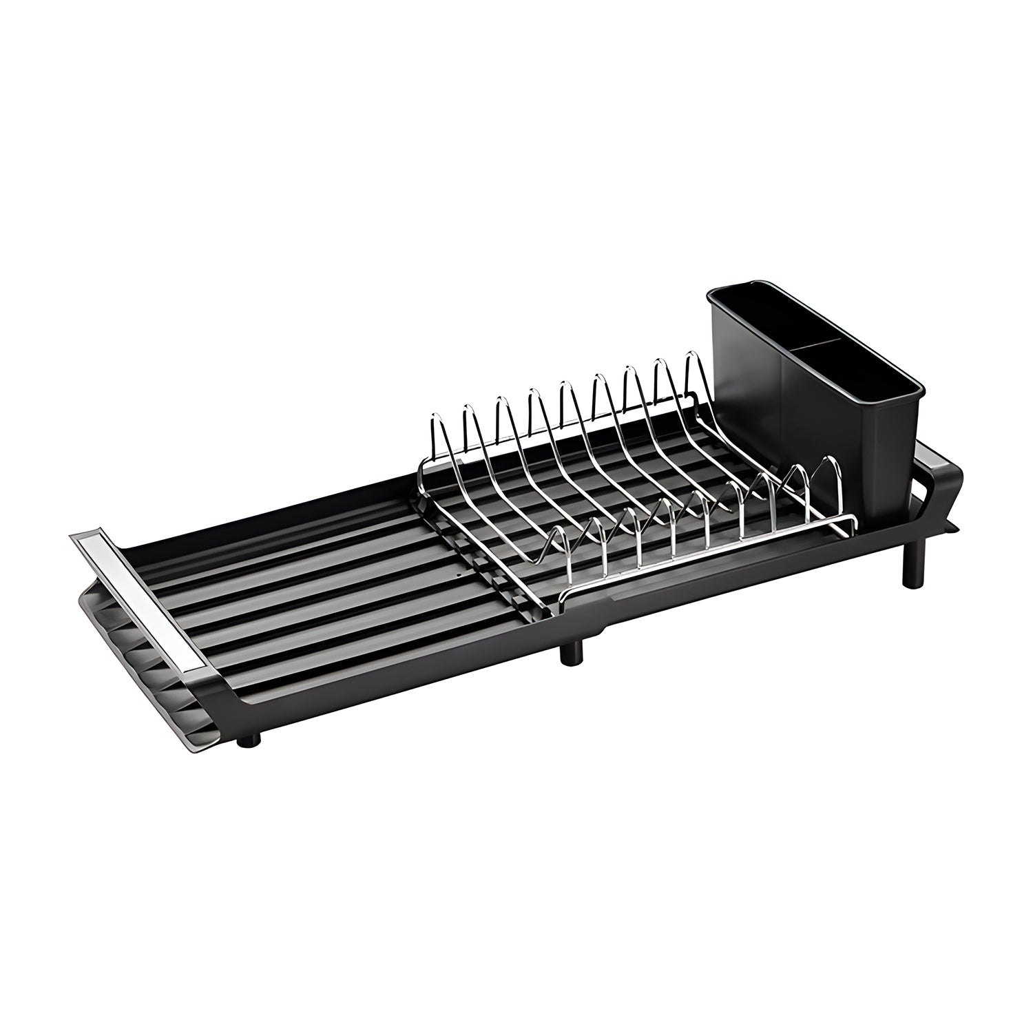 Ausziehbarer schwarzer Abtropfständer mit 8 Tellerfächern und elegantem Besteckhalter, platzsparendes Design für moderne Küchen