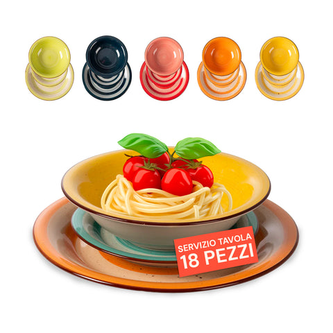Set piatti 18 pezzi in stoneware colorati collezione Dotty Mix: 6 piatti frutta, 6 fondi, 6 piani dipinti a mano per tavola elegante