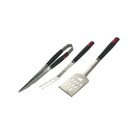 Set 3 accessori da barbecue in acciaio: paletta, forchetta e pennello con manici neri ergonomici per grigliare