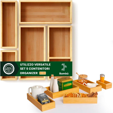 Set 5 Organizer in Bambù Modulabili Salvaspazio Multiuso per Casa e Cucina