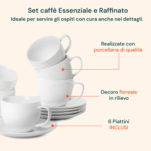 avilia set 6 tazze caffe in porcellana 80cc con piattino e decoro floreale in rilievo ean 8056897157367