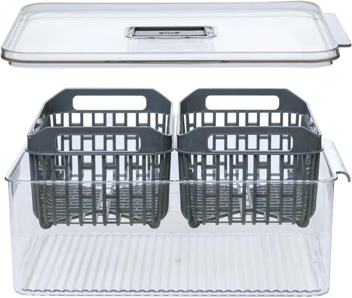 Set completo doppio contenitore frigorifero con coperchio trasparente e due cestelli neri removibili - organizer Tidy 32x22cm